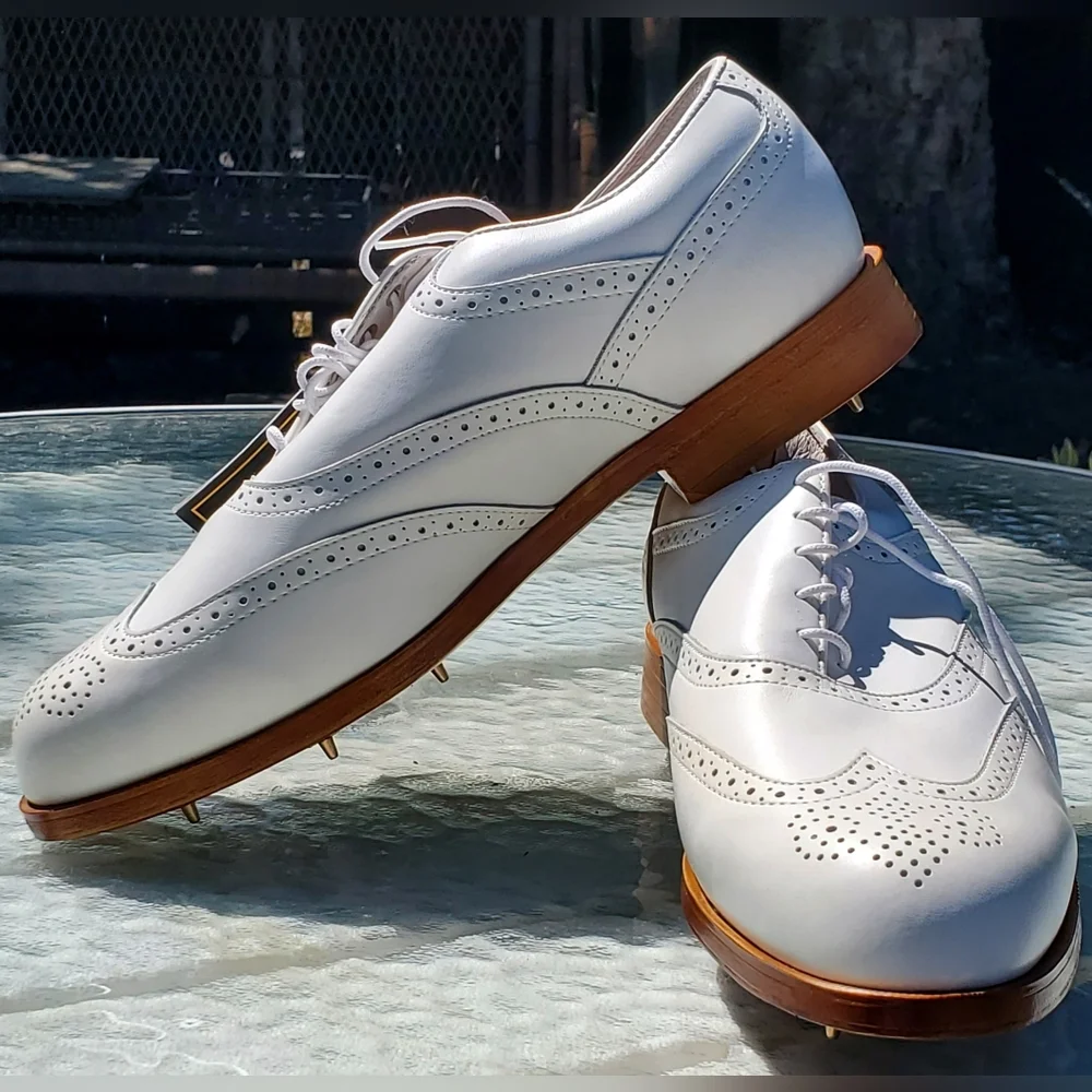 ETONIC VINTAGE MEN'S GOLF SHOES. WHITE. LNWT. 9W. USA. LEATHER. SPIKES.